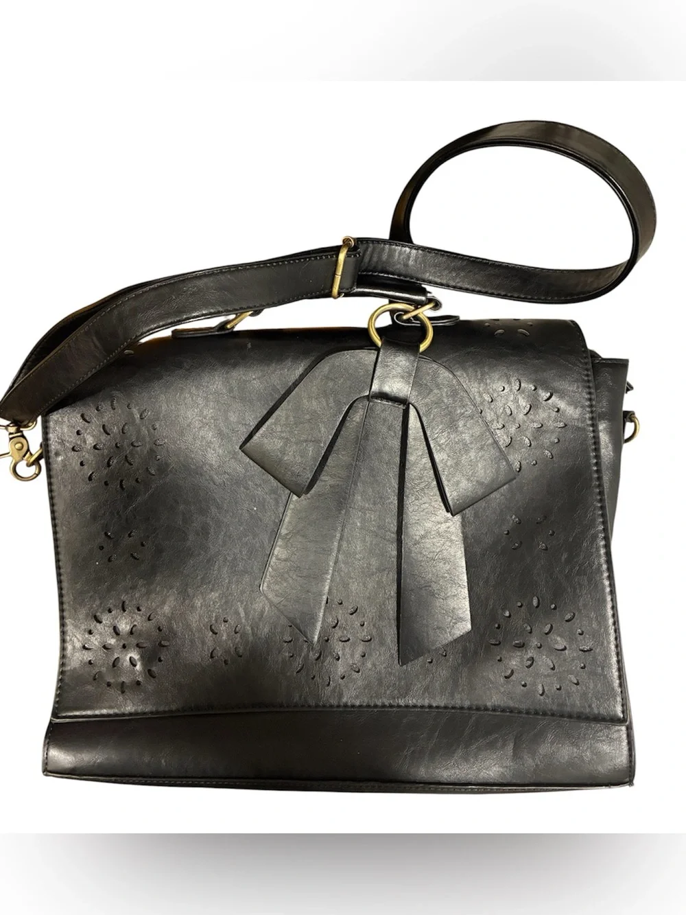 Ecosusi Black Lattice Leather Shoulder Bag With Bow Accent NWOT Padded Handbag